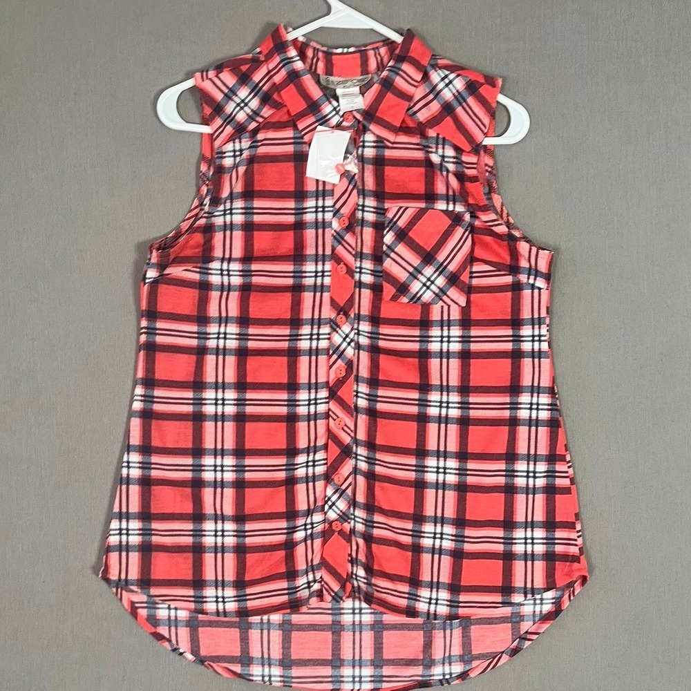 Plus Zero 160 Sleeveless Plaid Shirt Size L Red Polyester Modern EUC